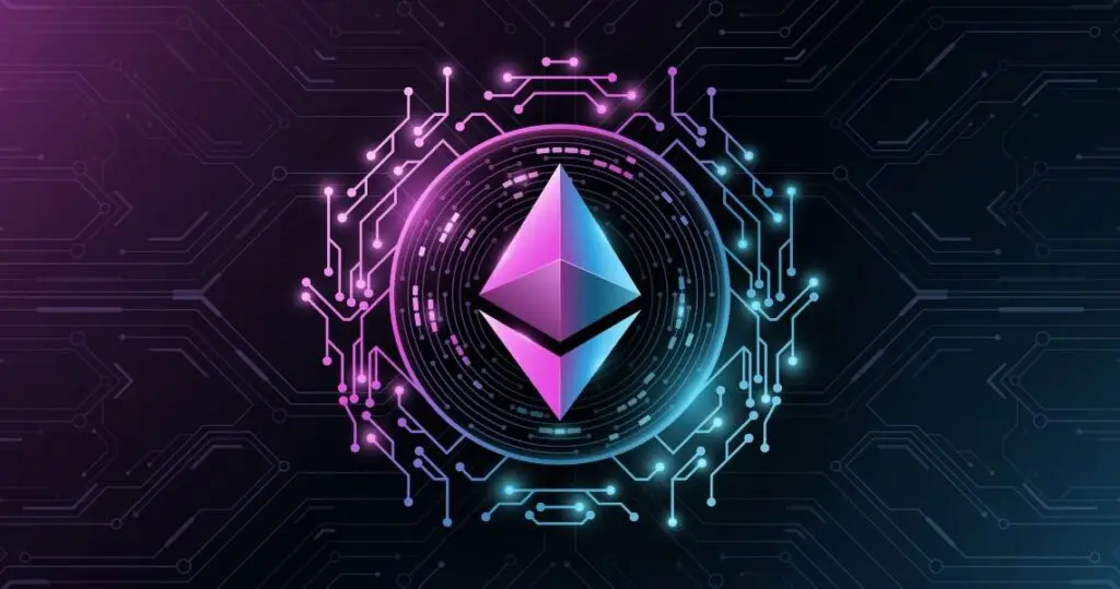 Ethereum cryptocurrency digital illustration with a futuristic cyber-tech design, featuring a glowing ETH coin and a computer circuit board background.